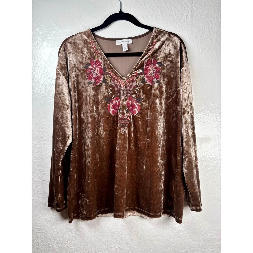 Vintage America Harley Top Medium Brown Pink Crushed Velvet Embroidered Witchy